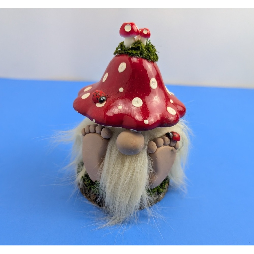 Vintage Carved Wood Mushroom Gnome Ladybug Moss Figurine